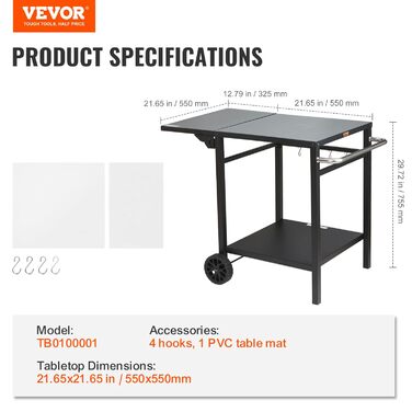 Grillwagen VEVOR: Мобільний вуличний гриль з подвійною полицею та регульованим столиком для приготування їжі (97,2 x 64 x 75,5 см)