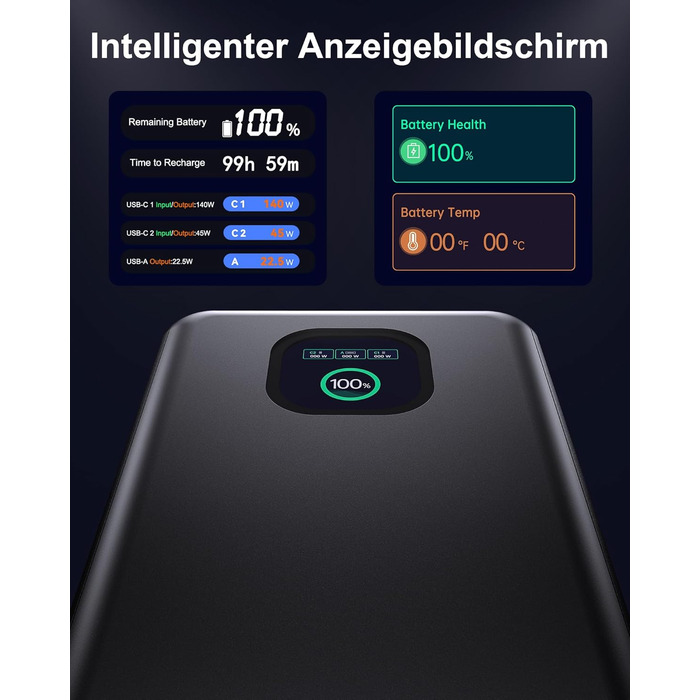 Power Bank 140W, 25000mAh з дисплеєм для ноутбука, MacBook, iPad, iPhone, Switch. Швидка зарядка PD3.1 (Сірий)