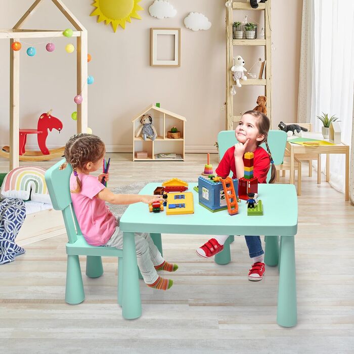 Дитячий столик та 2 стільчики DREAMADE, зелений комплект для навчання, їжі та ігор. Дитячі меблі з пластику для дівчаток та хлопчиків, 3 предмети, заокруглені кути