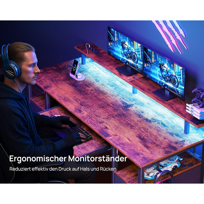 Ігровий стіл Seventable з LED підсвіткою, розетками та USB портами, шухлядами, підставкою для клавіатури та монітора (120x47x87 см, вінтажний коричневий)