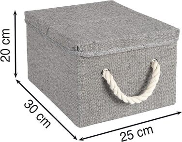 Високоякісна коробка для зберігання з тканинною кришкою для складання з білими мотузковими ручками, ручками для шнура/коробкою для організації/сортувальної коробки/складними коробками в наборі 2 шт. и 30х25х20см (сіра)