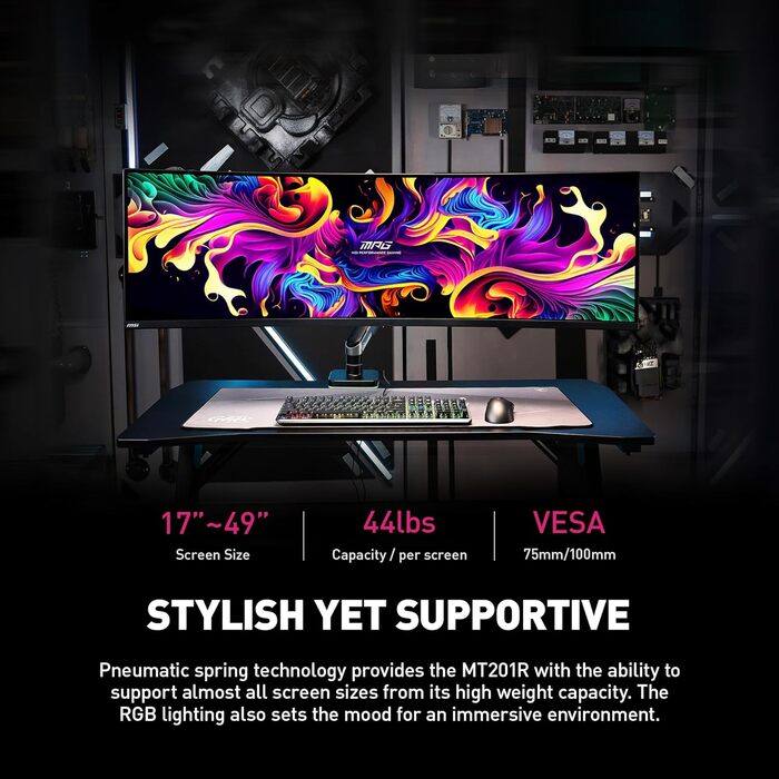 Підставка для монітора MSI MPG MT201R Premium RGB, сумісна з VESA, 17-49 дюймів, до 20 кг, регульована газо-пружинна кріплення, сіра