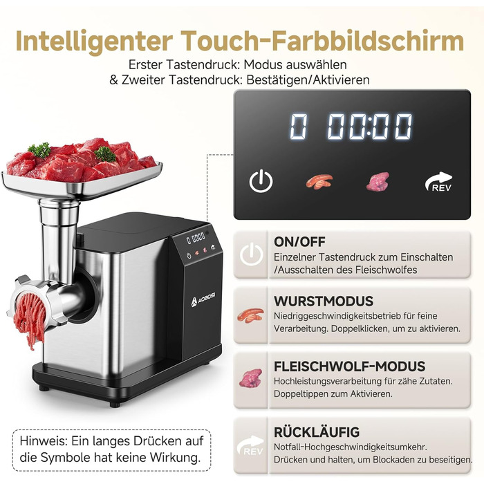 Електрична м'ясоподрібнювач AAOBOSI 3000W з LED-дисплеєм, 9 швидкостей, з нержавіючої сталі, для дому, з насадкою для ковбас та кіббе