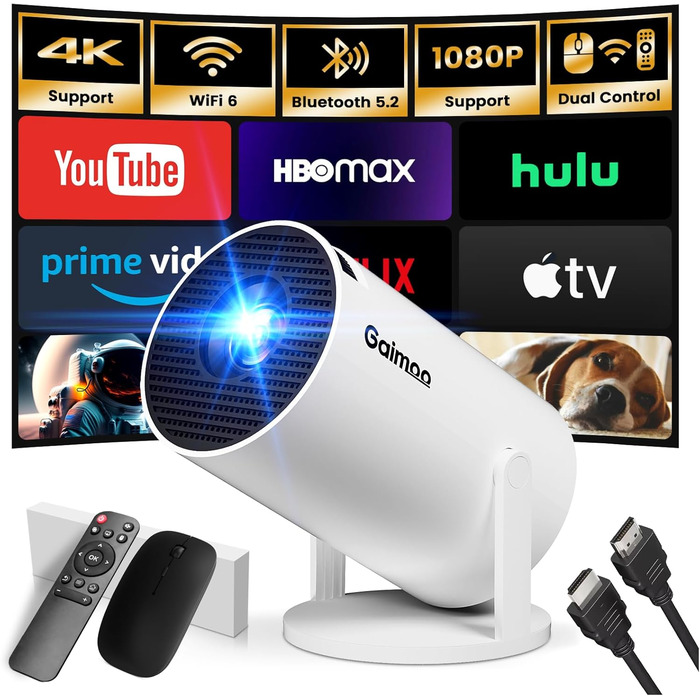 Портативний проєктор Mini Beamer 1080P FHD 2024: Android TV, WiFi 6, BT5.2, HDMI, USB, PS5, з пультом та кабелем