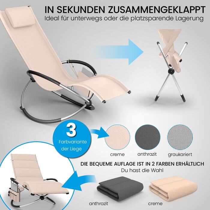 Крісло-гойдалка ELONEO для вулиці з кишенею, розслаблююче крісло до 180 кг, стійке до погодних умов, шезлонг для саду та балкону (з подушкою, кремово-антрацитовий)