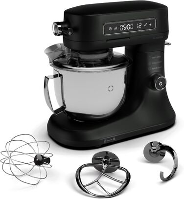 Кухонна машина Klarstein Chiara 1600W: 5л чаша з нержавіючої сталі, 12 швидкостей, LCD-дисплей, тиха робота (≤72 дБ), набір для випічки, корпус з алюмінію, чорний колір