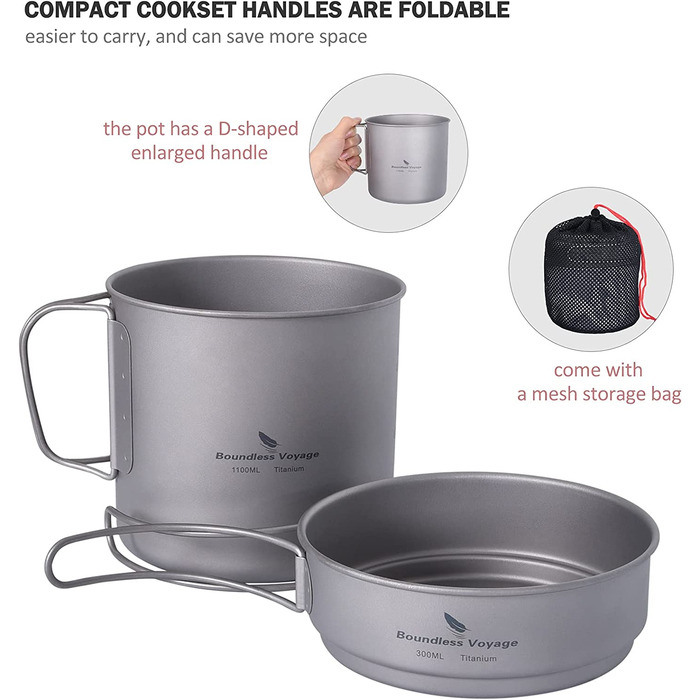 Набір посуду iBasingo Titan Becher Pfannen Set: 1100мл та 300мл для кемпінгу, туризму та пікніків. Легкий та компактний посуд з нержавіючої сталі з ручками-складанням. Набір для однієї людини Ti2053C