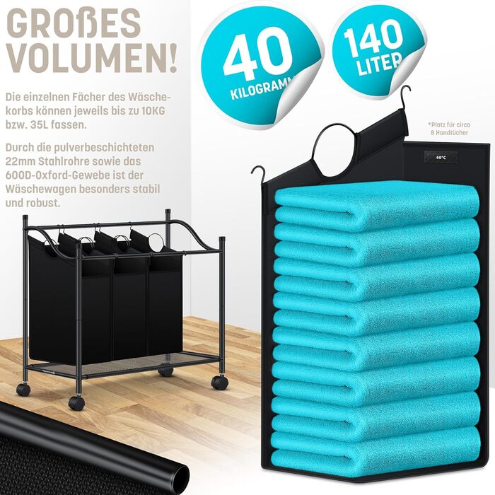 Кошик для білизни KESSER з 4 знімними мішками для сортування | 4 відділення по 35 літрів | Чорний кошик для білизни з колесами та гальмами