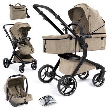 Дитяча коляска Bergsteiger Lugo 3в1 | Комплект 3в1 з аксесуарами - автокрісло, блок для прогулянок, сонцезахисний козирок та вітрозахисний чохол | Доступна Isofix база (колір: коричневий, рама: чорна)