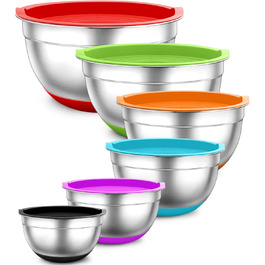Набір салатниць TEAMFAR 6 шт. з нержавіючої сталі з кришками та силіконовими ніжками, 0.7L/1.5L/1.6L/2.5L/2.8L/4.6L