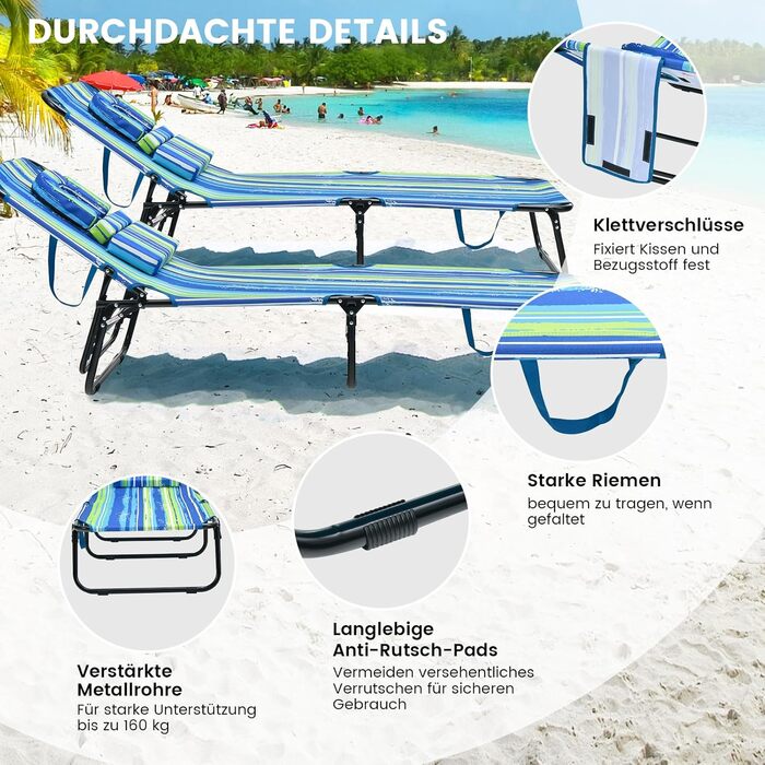 Лежак для відпочинку COSTWAY з отвором для обличчя, розкладний садовий лежак з 3 знімними подушками та 5-рівневим регулюванням спинки, лежак для пляжу, саду та басейну (Блакитно-зелений, 1 шт.)