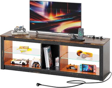 ТВ-тумба Bestier для телевізорів до 65 дюймів, 160x35x52 см з RGB-підсвічуванням та органайзером для кабелів, регульована скляна полиця, темно-коричневий