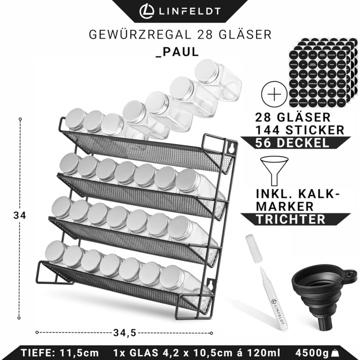 Підставка для спецій LINFELDT 34x34,5x11,5 см з 28 банками 120 мл чорна