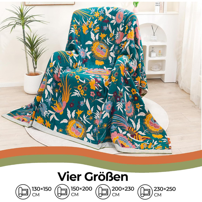 Плед Boho з 100% бавовни, стиль кантрі, 150x200 см, гранатовий колір. Плед на диван та ліжко з квітковим візерунком (квіти, птахи)