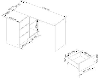 Стіл кутовий AKORD B-16 з 3 висувними ящиками та 2 полицями Письмовий стіл Кутовий стіл Кутовий стіл для домашнього офісу Легке встановлення W124 x H77 x D85, 48 кг (вільха)