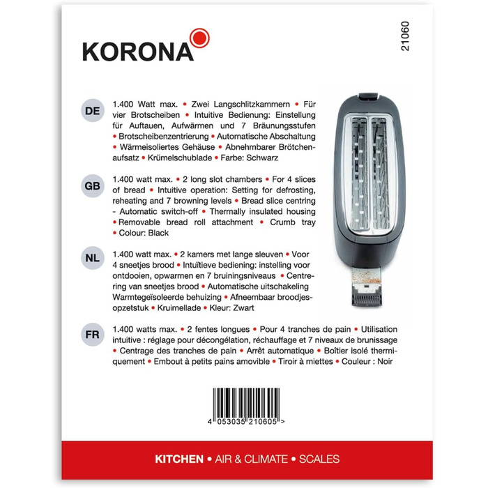 Тостер Korona 21060 4 скибочки, довгий слот, регульований, розморожування, смаження, 1400 Вт, насадка для булочки, чорний