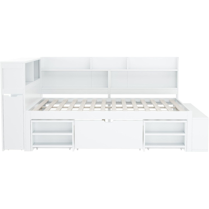 Дитяче ліжко 90x200 з ящиками, полицями та бар'єром, функціональне ліжко з дерева, без матраца, біле