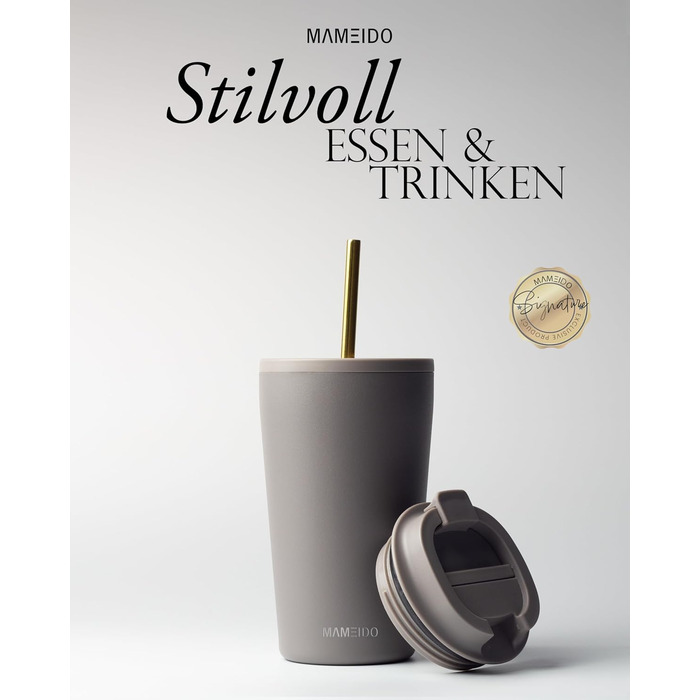 Термокружка MAMEIDO з трубочкою 470 мл, з кришкою та нержавіючою сталі, з подвійними стінками, ізольована, не протікає, для кави на виніс (Taupe Grey) 470 мл, Taupe Grey