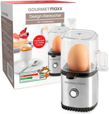 Яйцеварка GOURMETmaxx для Електрична, енергозберігаюча яйцеварка з простим керуванням для ідеальних яєць на сніданок З мірним стаканчиком і вибором яєць Компактний дизайн і не містить бісфенолу А (1 яйце, нержавіюча сталь)