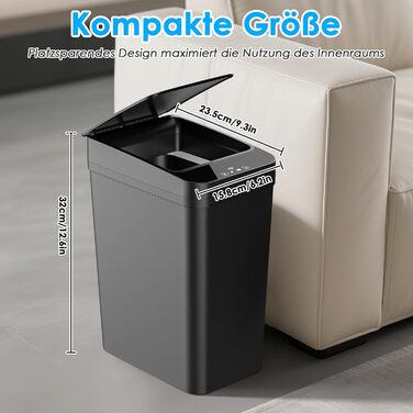 Набір з 2 автоматичних сміттєвих баків з датчиком, 12л, сенсорний кришка, 3 режими роботи, тихий, водонепроникний, інтелектуальний контейнер для сміття, для кухні, офісу, вітальні, ванної кімнати (2 шт. чорний)