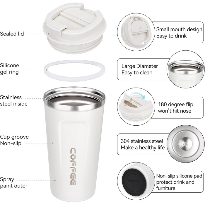 Набір термокружок ERBO для кави з нержавіючої сталі (2 шт.), 380 мл + 510 мл, білий + рожевий