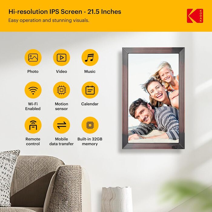Цифровий фоторамка Kodak 27 дюймів з IPS екраном, USB/SD, фото/музика/відео, календар, пульт ДК, коричневий