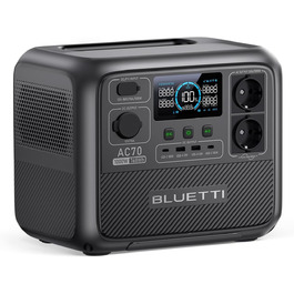 Портативна електростанція BLUETTI AC70, 768Wh LiFePO4, 2x1000W AC, 100W USB-C, швидка зарядка, для кемпінгу та резервного живлення (відновлена)