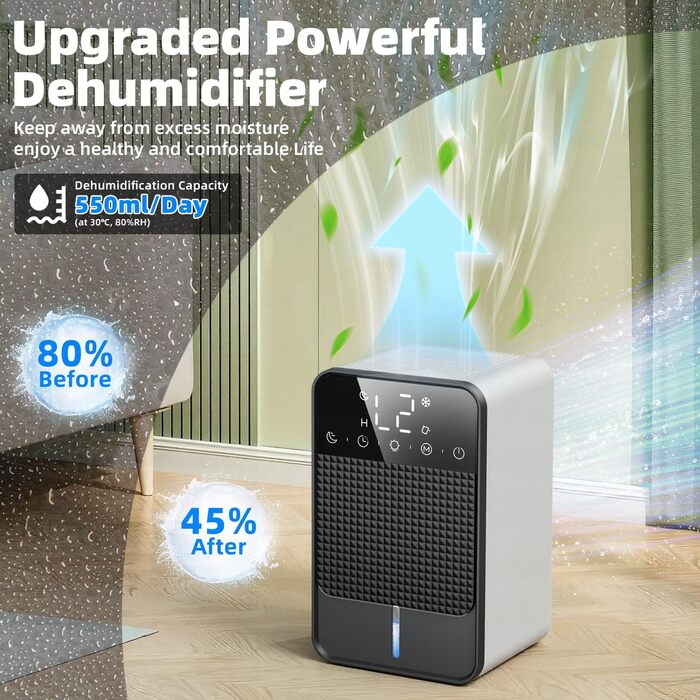 Електричний осушувач повітря 1800 мл з автоматичним відтаненням, таймером та LED-дисплеєм. Підходить для спальні, ванної кімнати та шафи. Продуктивність: 550 мл/24 год.