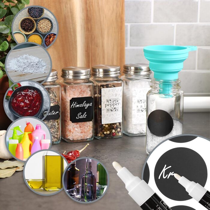 Набір баночок для спецій Com-Four® [Квадратні - 24 шт. | 120 мл] з етикетками та воронками, ручка для маркування, щітка для чищення (24 шт. з аксесуарами)