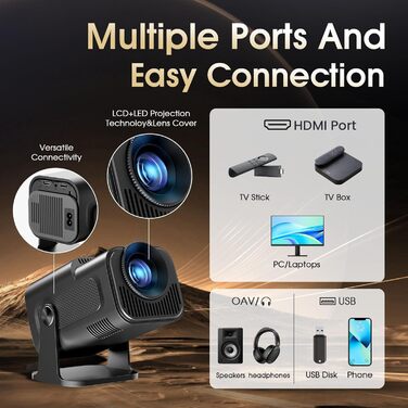 Портативний відеопроектор Mini Beamer 1920x1080P з підтримкою Android TV, WiFi 6, BT5.2, HDMI, USB, PS5, Laptop та мишкою