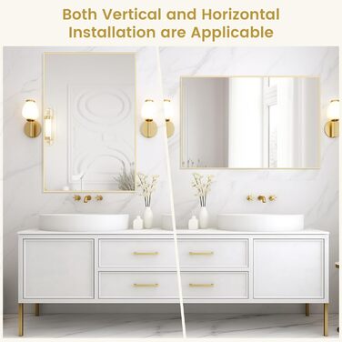 Дзеркало для ванної кімнати HOMECOOKIN 50.8 x 76.2 см з металевим каркасом, прямокутне, для встановлення над умивальником, вертикальне або горизонтальне (Золотий)