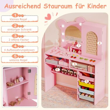 Детский туалетный столик COSTWAY в форме медведя с подсветкой, зеркалом, шкафчиком, 5 ящиками и полками, для девочек от 3 лет (розовый)