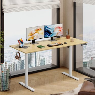 Регульований за висотою стіл Devaise з тихим мотором та функцією пам'яті для 3 положень, стіл для сидіння та стояння, регулювання висоти 72–118 см, ергономічний комп'ютерний стіл для офісу, білий (160x70 см, колір дуб)