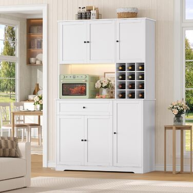 Кухонна шафа FirFurd 180 см з LED-підсвічуванням, буфет, sideboard з розеткою, стільниця, вітрина для 12 пляшок вина, білий колір, 180x100x39 см