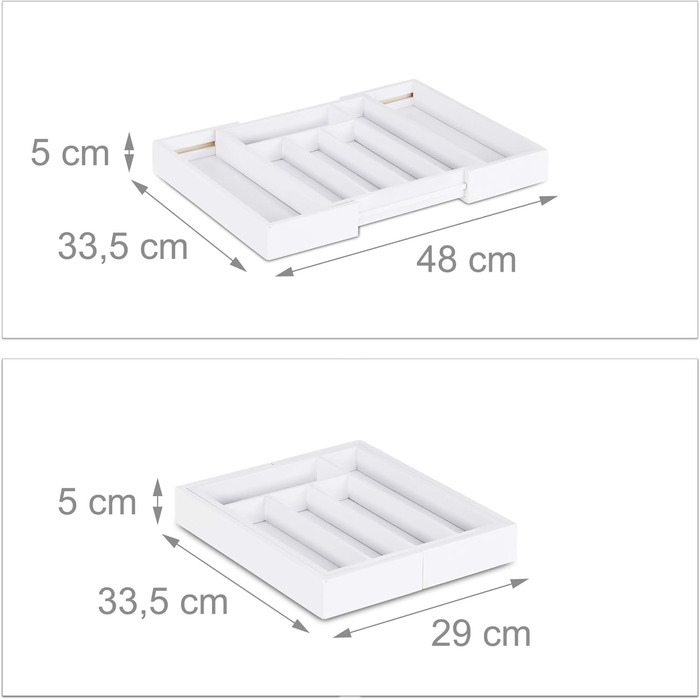 Висувний ящик для столових приладів Relaxdays змінної ширини, від 5 до 7 відділень, бамбуковий органайзер, HBT 5X48X33, 5 см, білий