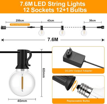 Ланцюжок гірлянд GLUROO для вулиці, диммування, 45.7 м, вологостійкий, з пульт дистанційного керування, 75+2 лампочки G40, LED, для саду