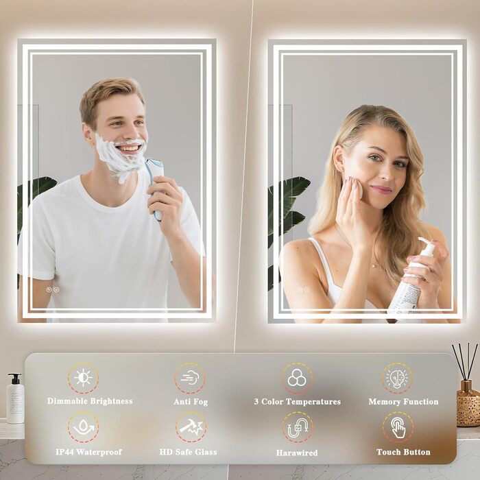 Дзеркало для ванної кімнати з підсвічуванням Badspiegel 50x70см LED, антизапар, сенсорне керування, регулювання яскравості, 3 кольори світла, настінне, горизонтальне/вертикальне