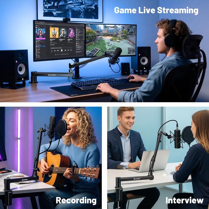 CAHAYA Мікрофонний стійкий кронштейн Boom Arm Professional: Регульований мікрофонний кронштейн з подовжувачем, дизайн під монітор для стрімінгу та запису, вантажопідйомність до 2.5 кг