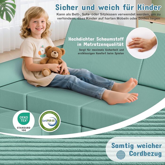 Дитяче ігрове диван-конструктор MAMIZO Cord, 15 частин, екологічний, зелений колір