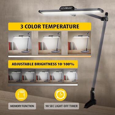 Світлодіодна настільна лампа OTUS, з можливістю затемнення, з годинником, захистом для очей, затискачем і ніжкою, 3 колірні температури