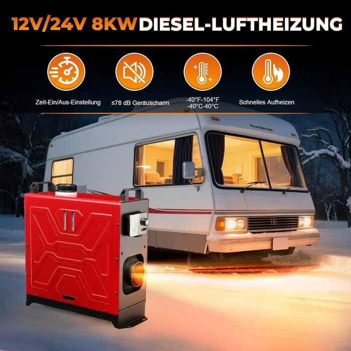 Дизельний обігрівач 8kW, 12V/24V з пультом керування та додатком, для авто, RV, човнів, вантажівок, з LCD-дисплеєм та шумопоглиначем