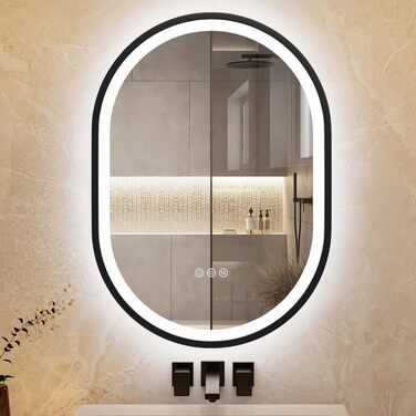 Дзеркало для ванної кімнати ChillCruiser з LED-підсвічуванням 50 см, кругле, з чорною рамою, антизапотівання, 3 кольори, функція Memory