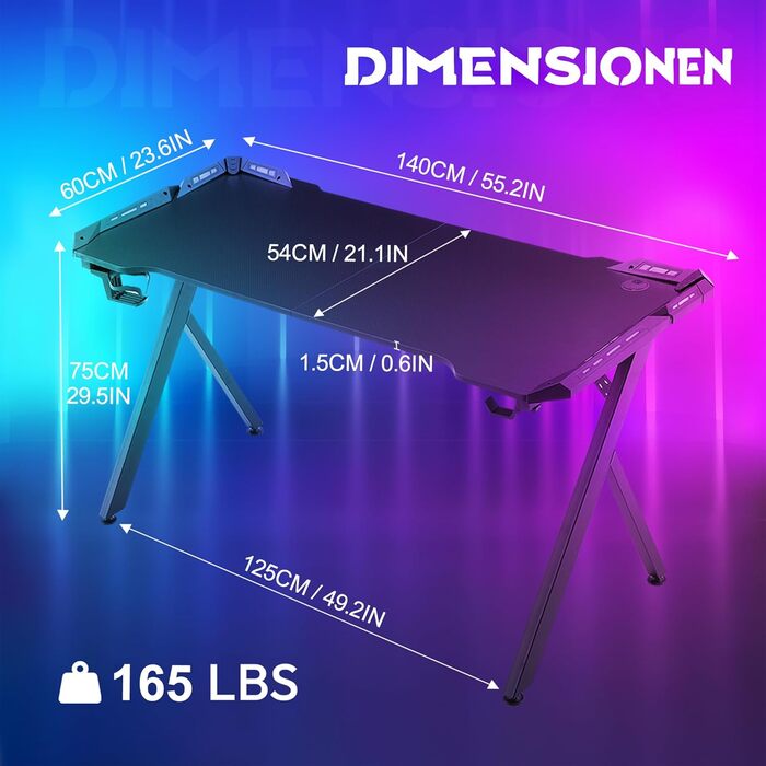 Ігровий стіл YRHome з RGB-підсвічуванням та підставкою для навушників, 140x60x75 см, білий