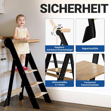 COSYAND Монтессорі стільчик-сходинка для дітей від 1 року, регульована висота, безпечний | Сходинка Монтессорі для кухні, сірий колір