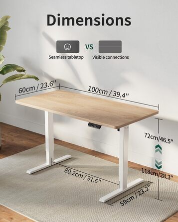 FEZIBO Стол письмовий регульований по висоті, 100 x 60 см, з USB-портами, для дому/офісу, стоячий, з масивом дуба