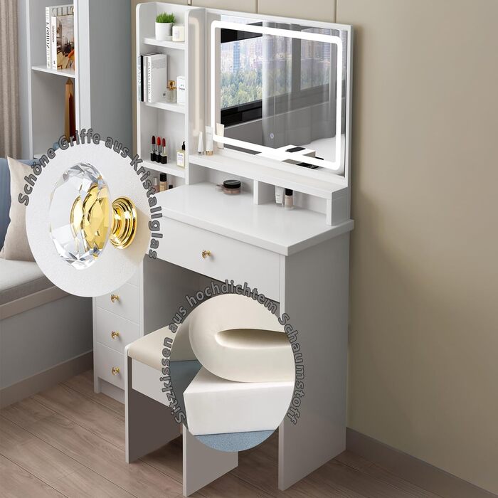 Дзеркальний туалетний столик з LED-підсвічуванням та пуфом, 6 шухляд, 3 відкриті полиці, для спальні, білий, з дерева