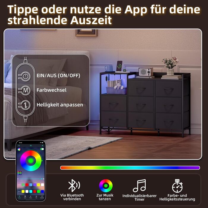 Комод Somdot з висувними ящиками для спальні, вітальні, передпокою з LED-підсвічуванням та розетками (2 AC, 1 USB, 1 Type-C), 5 тканинних ящиків, білий, 29T x 66,5B x 70,5H cm (Чорний, 29T x 99B x 70.5H cm (8 ящиків))