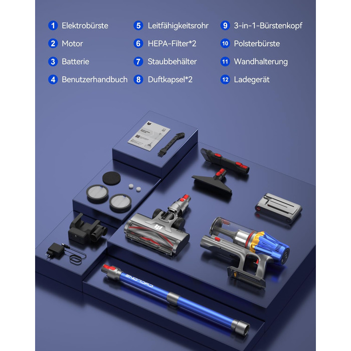 Акумуляторний пилосос H9 58000 Па, 650 Вт, 80 хв, бездротовий з LED-дисплеєм, для шерсті тварин, килимів та підлоги, синій