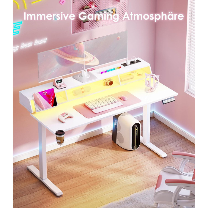 Офісний стіл для геймінгу OffiGo, 140 см, регульована висота, RGB LED, розетки, 3 полиці, тримач для напоїв та навушників, поверхня з карбону, білий колір