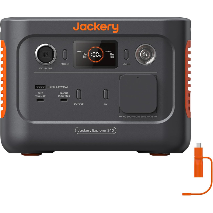 Портативний генератор Jackery Explorer 240 v2 з LiFePO4 акумулятором 256Wh, 300W AC та 100W USB-C вихід, для кемпінгу, подорожей та резервного живлення (відновлений)
